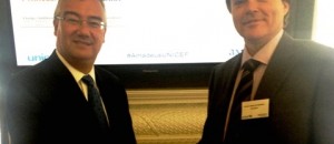 Tim Hunter, International Fundraising Director de UNICEF, y Tomás López Fernebrand, Senior Vice President, General Counsel and Corporate Secretary de Amadeus, durante el evento realizado en Londres.